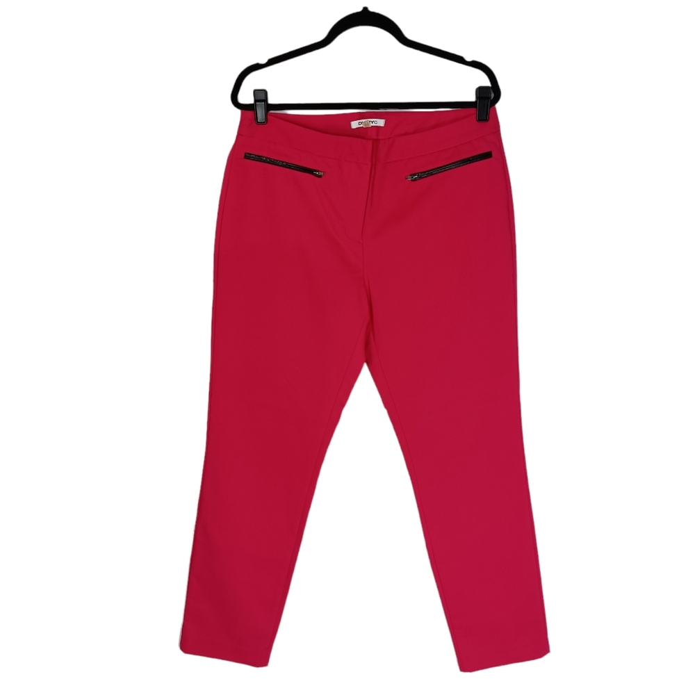 DKNYC Pink Red Black Faux Leather Zipper Trim Trouser Pants 14